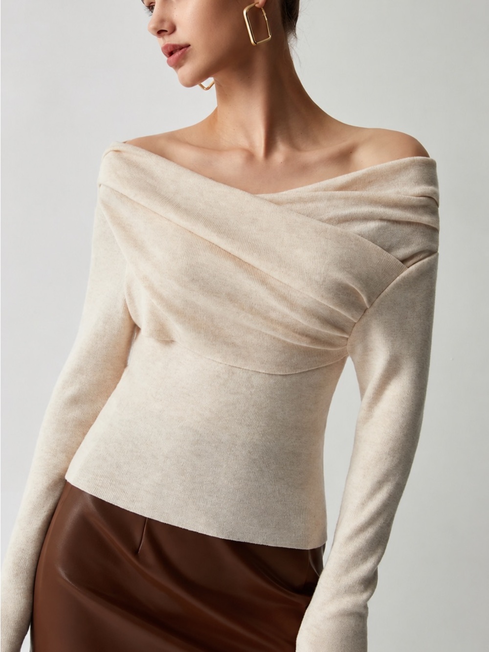 Commense Off Shoulder Wrap Long Sleeve Knit Top Size M Apricot